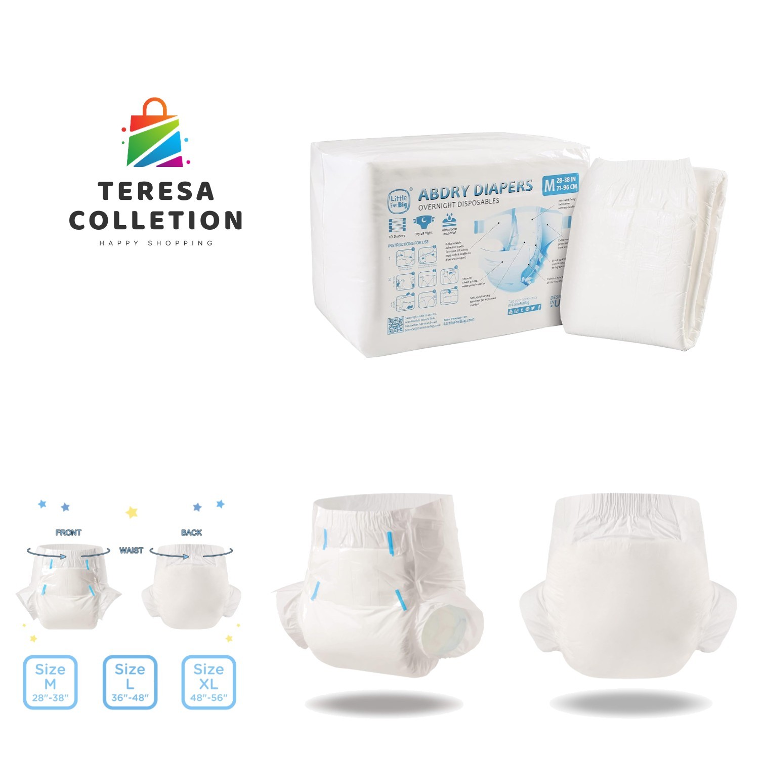 Adult Diaper 10 Pieces - ABDry New White Diapers Medium 28"-38"