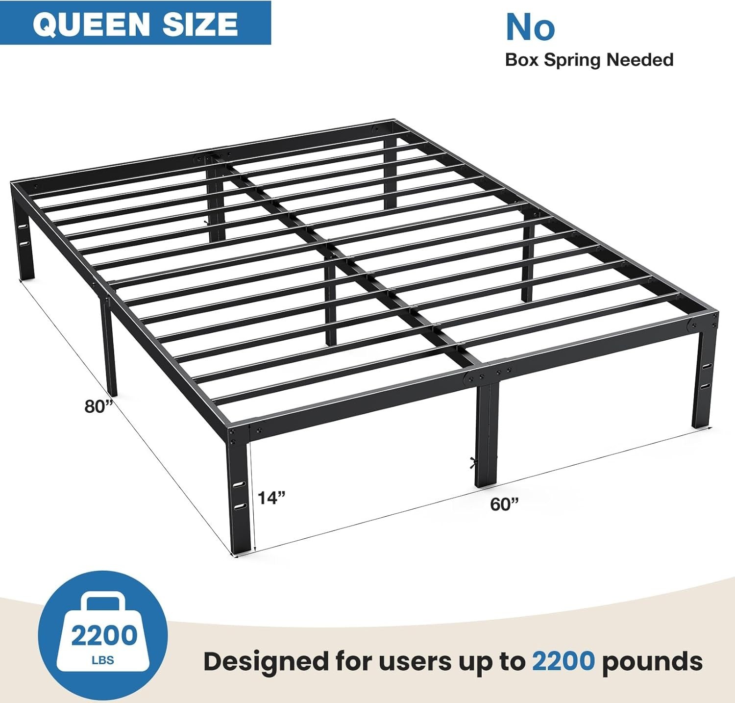 Heavy Duty Metal Queen Bed Frame with Under-Bed Storage, No Box Spring Needed...
