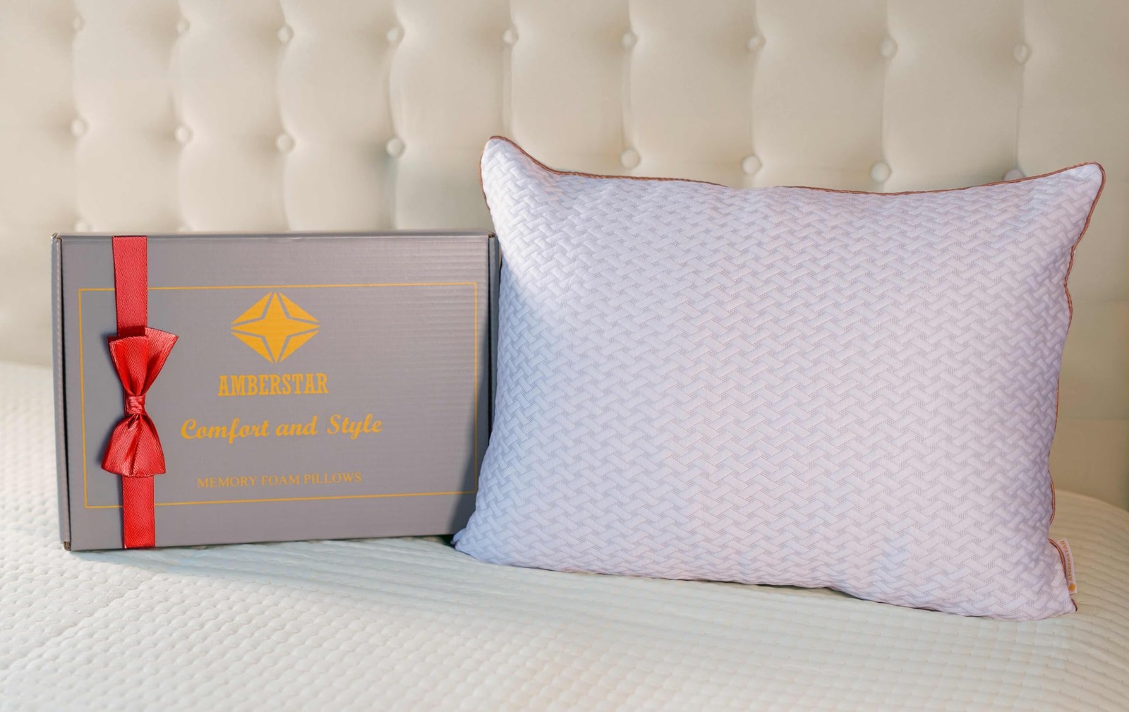 AMBERSTAR Memory Foam Pillow - Standard, White & Light Silver Accents