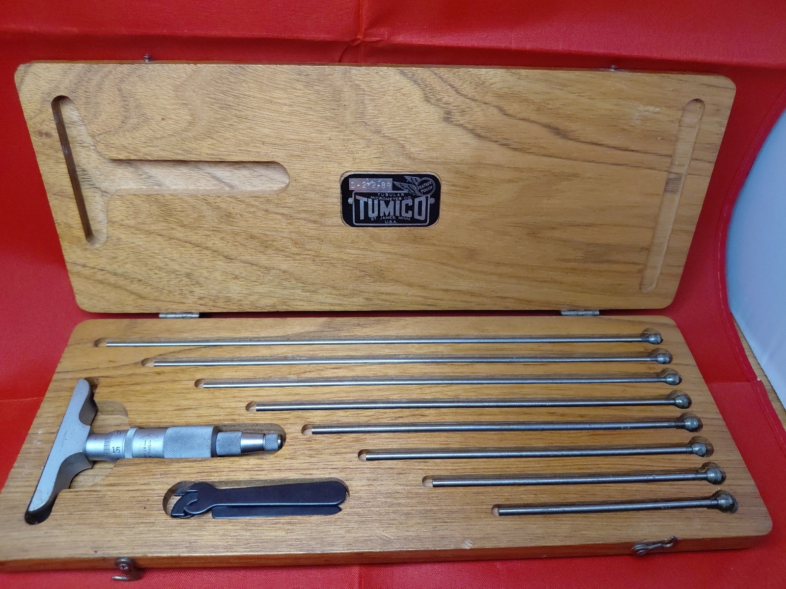 Vintage Scherr-Tumico Machinist Micrometer Depth Gauge Set 8x Rods & Wood Case