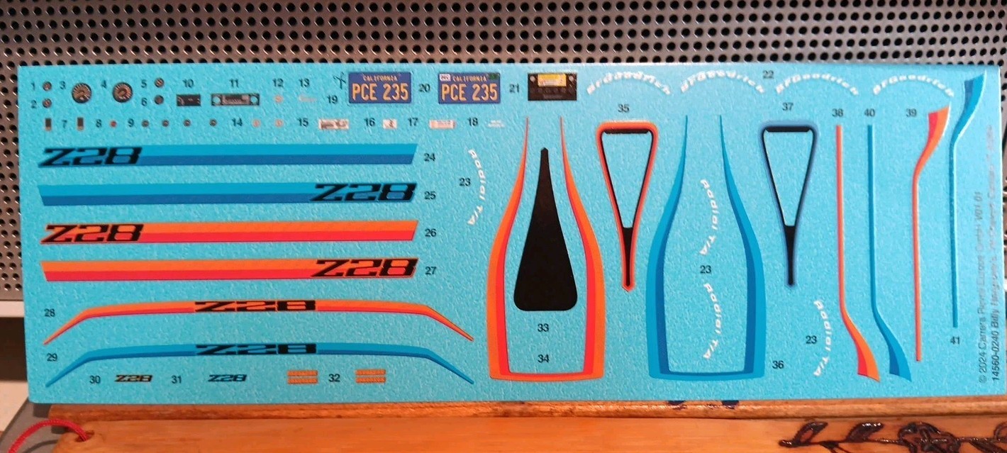 1979 Camaro Z/28 1/24 Waterslide Decal Sheet Blue Orange Stripes Dash Cluster