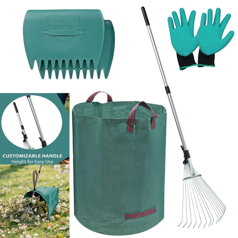 72 Gallon Garden Waste Bag Leaf Basket Bag +Adjustable Telescopic Metal Rake Set