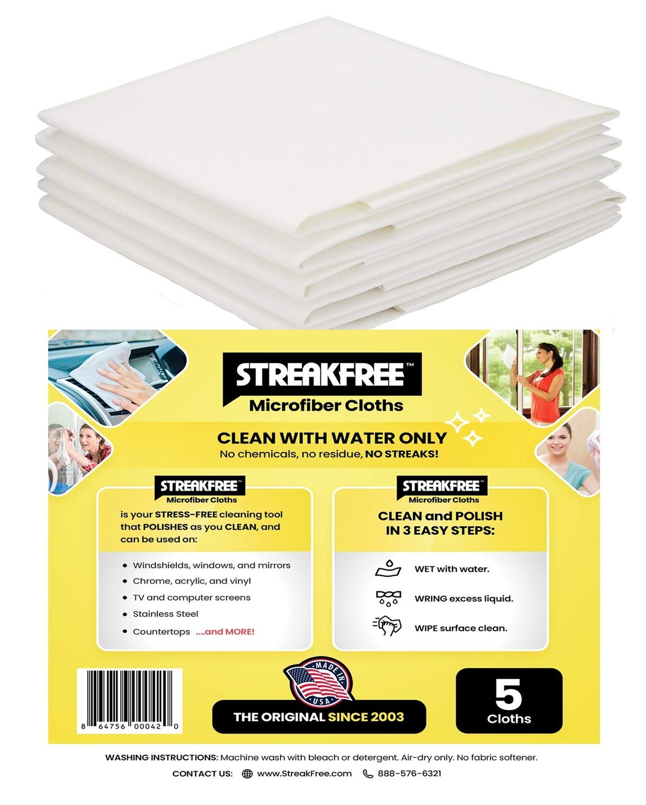 5 White STREAKFREE™ Microfiber Glass and Mirror Cleaning Cloths 16 x 16 in