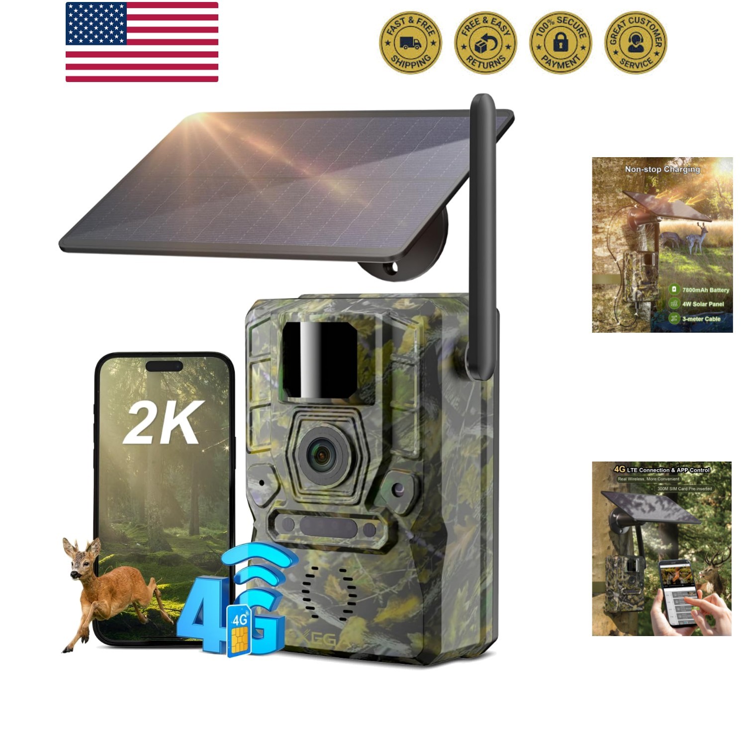 4G Solar Cellular Trail Camera with Live Feed, 2K GPS 7800mAh Wildlife Camera...