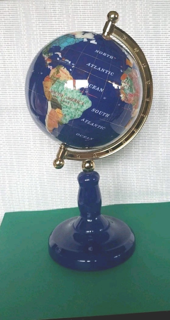 Blue Lapis Semi-Precious Gem Stone World Globe Stand 12” Rotates Turquoise USA
