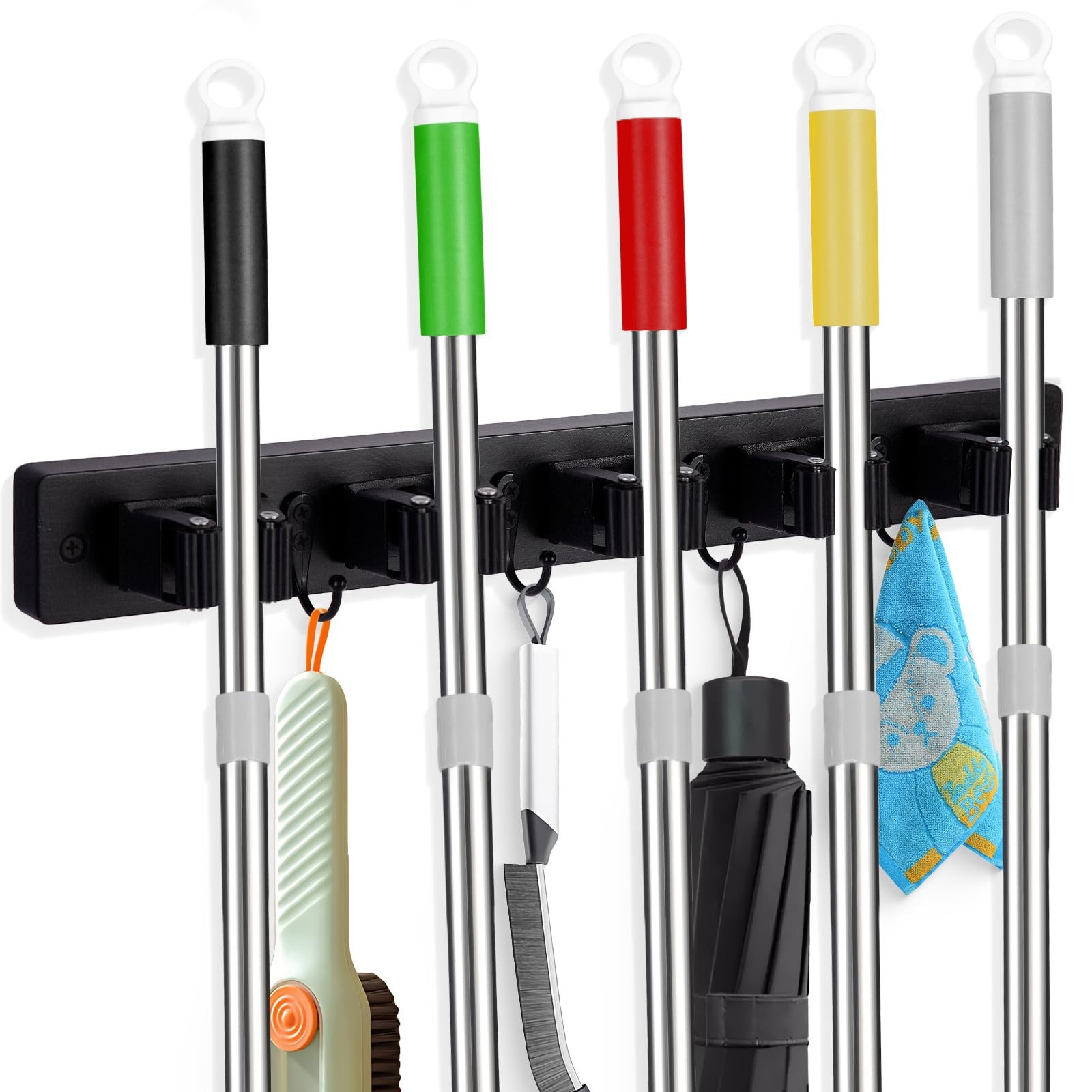 Broom Holder Wall Mount With 5 Slots & 4 Hooks，Rustic Wood Broom & Mop Hanger...