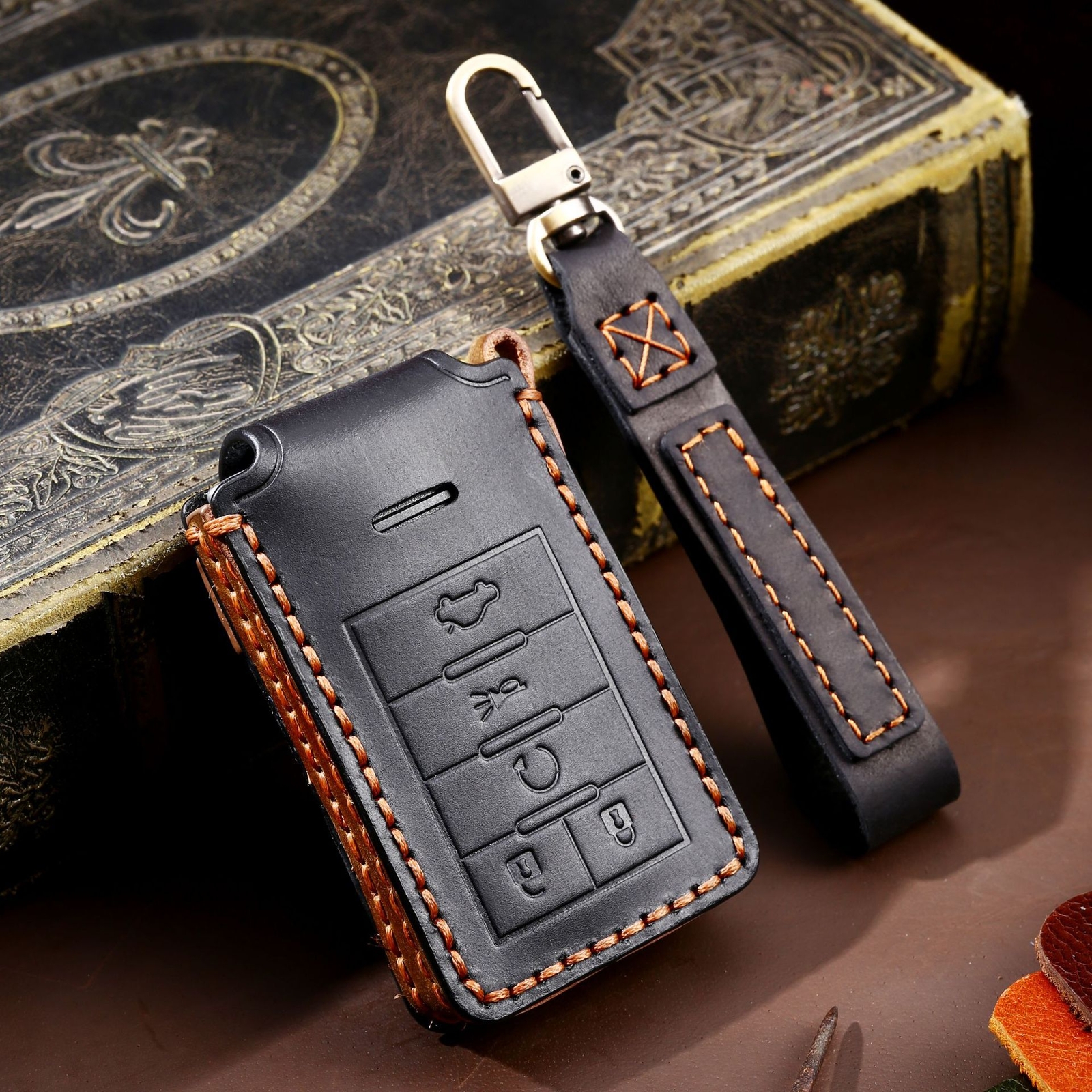 Real Leather Key Cover Key Fob Bag Case Keychain Keyring Lanyard for Cadillac