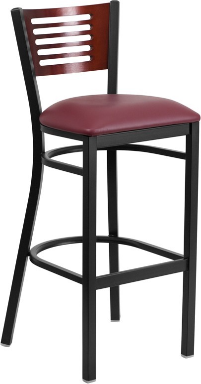 Slat Back Metal Restaurant Barstool, Mahogany Wood Back & Burgundy Vinyl Seat