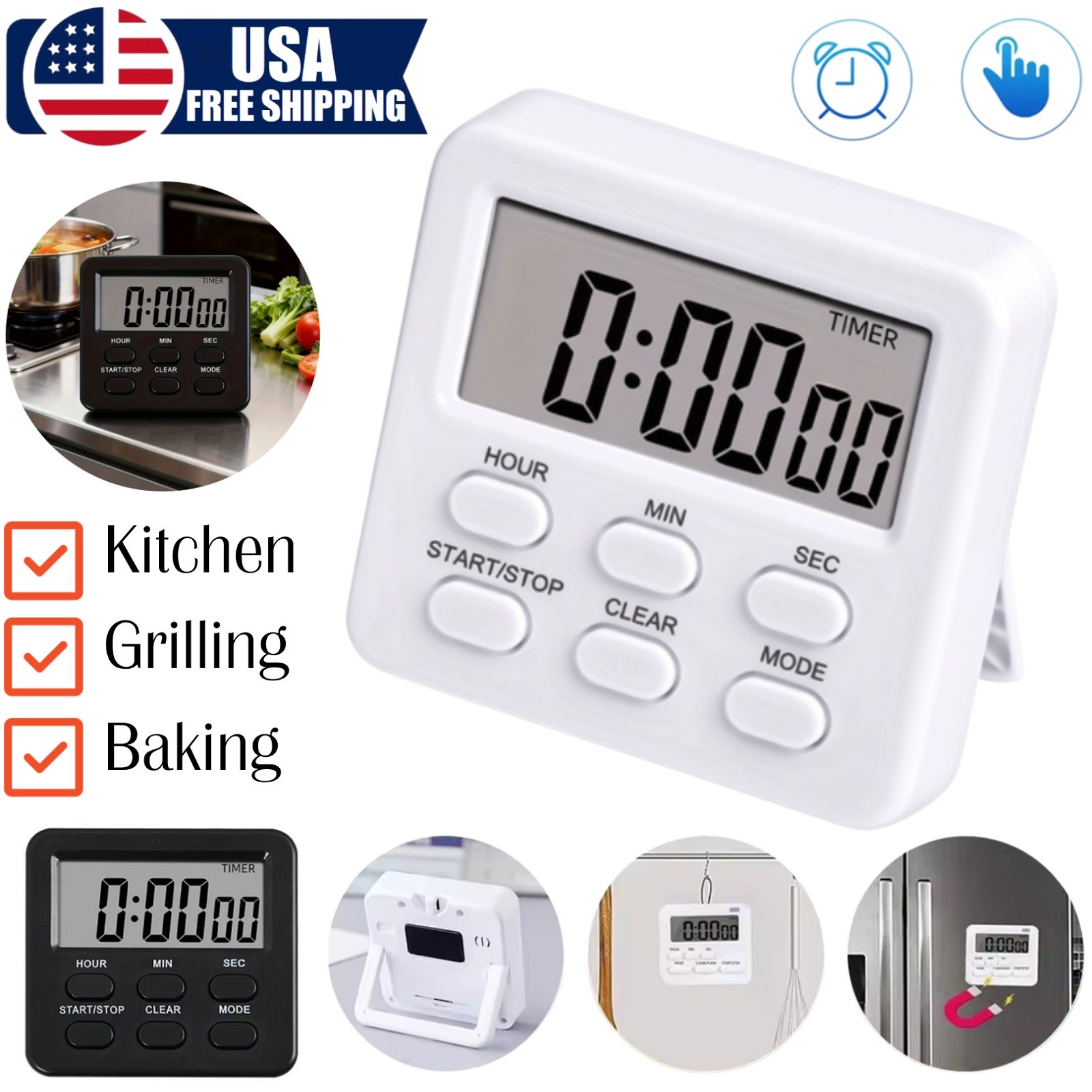 Digital Timer Stopwatch LCD Display Egg Timer Portable Alarm Clock Kitchen Timer