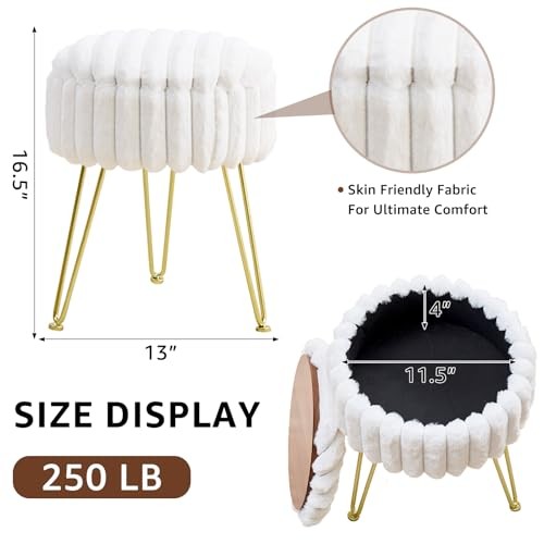 Vanity Stool with Storage, Faux Fur Ottoman Chair with Metal Legs, Round White