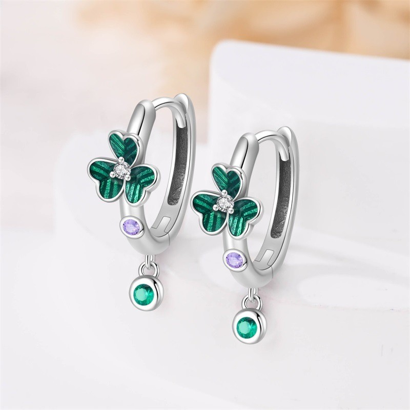 KUNSIR Sterling Silver Leaf Clover Huggie Hoop Earrings For Women Lucky Jewelry