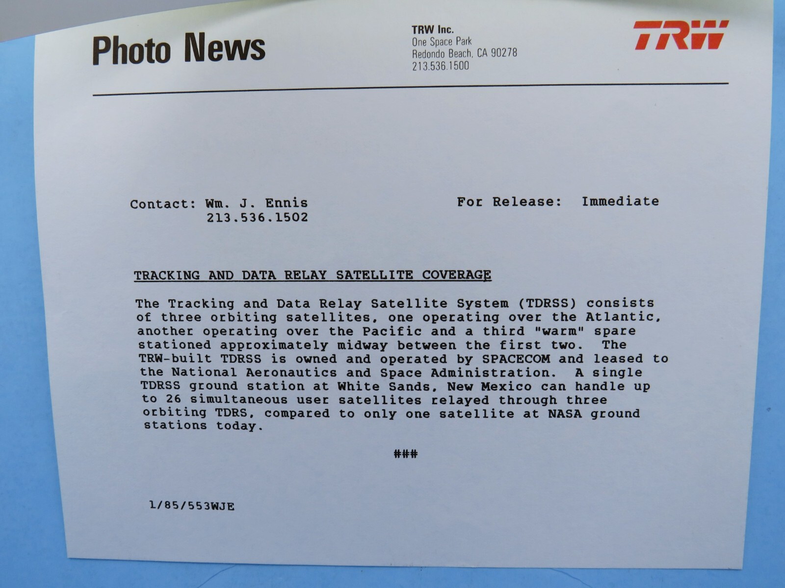 Press release TRW '85 vtg TDRSS Space Shuttle Tracking Data Relay Satellite NASA