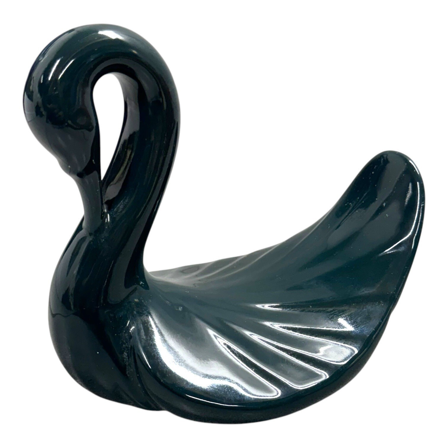 Vintage Ceramic Swan Figurine Dark Green Glaze 6" Towel Soap Washcloth Holder