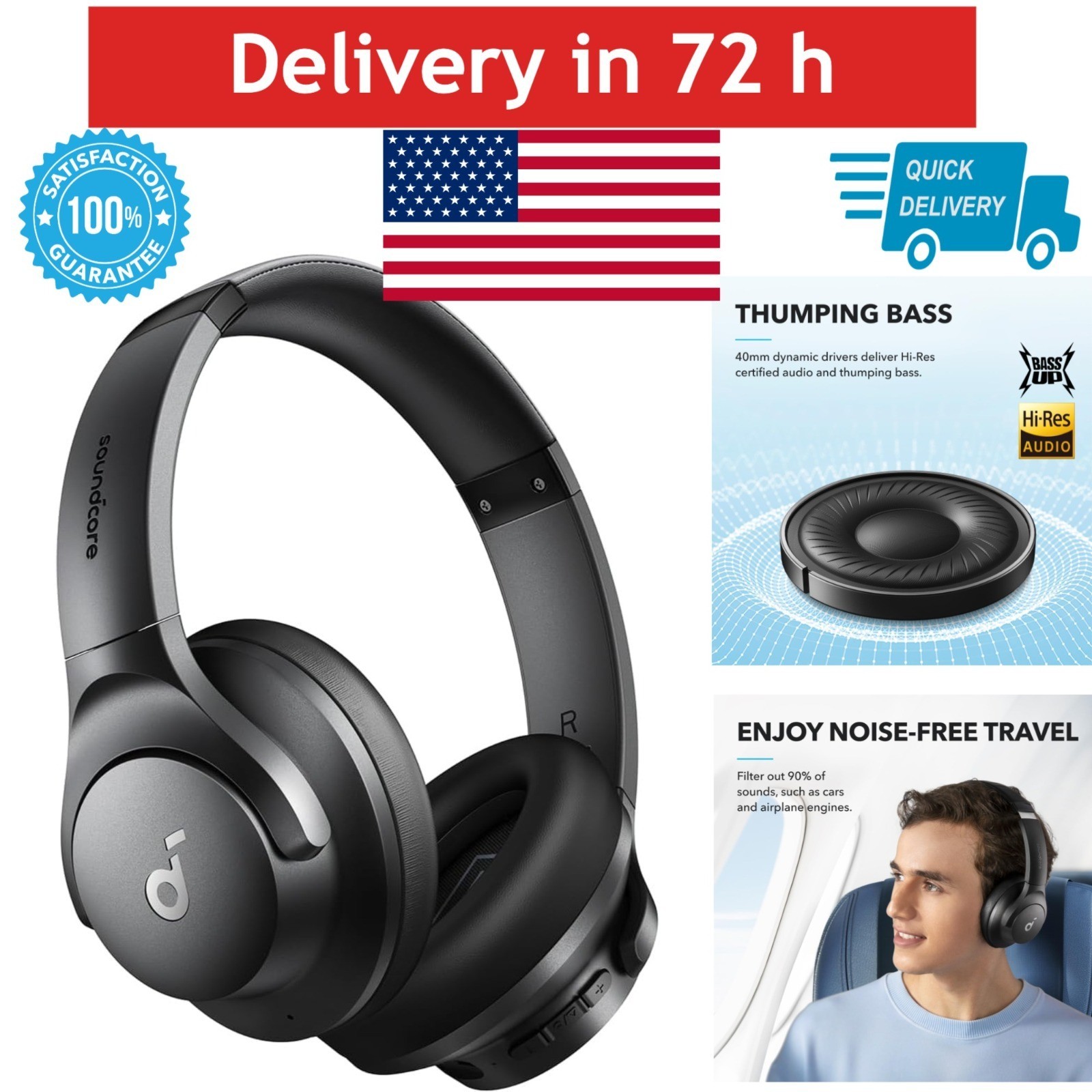 Soundcore by Anker Q20i Noise Cancelling Headphones, Bluetooth, Black