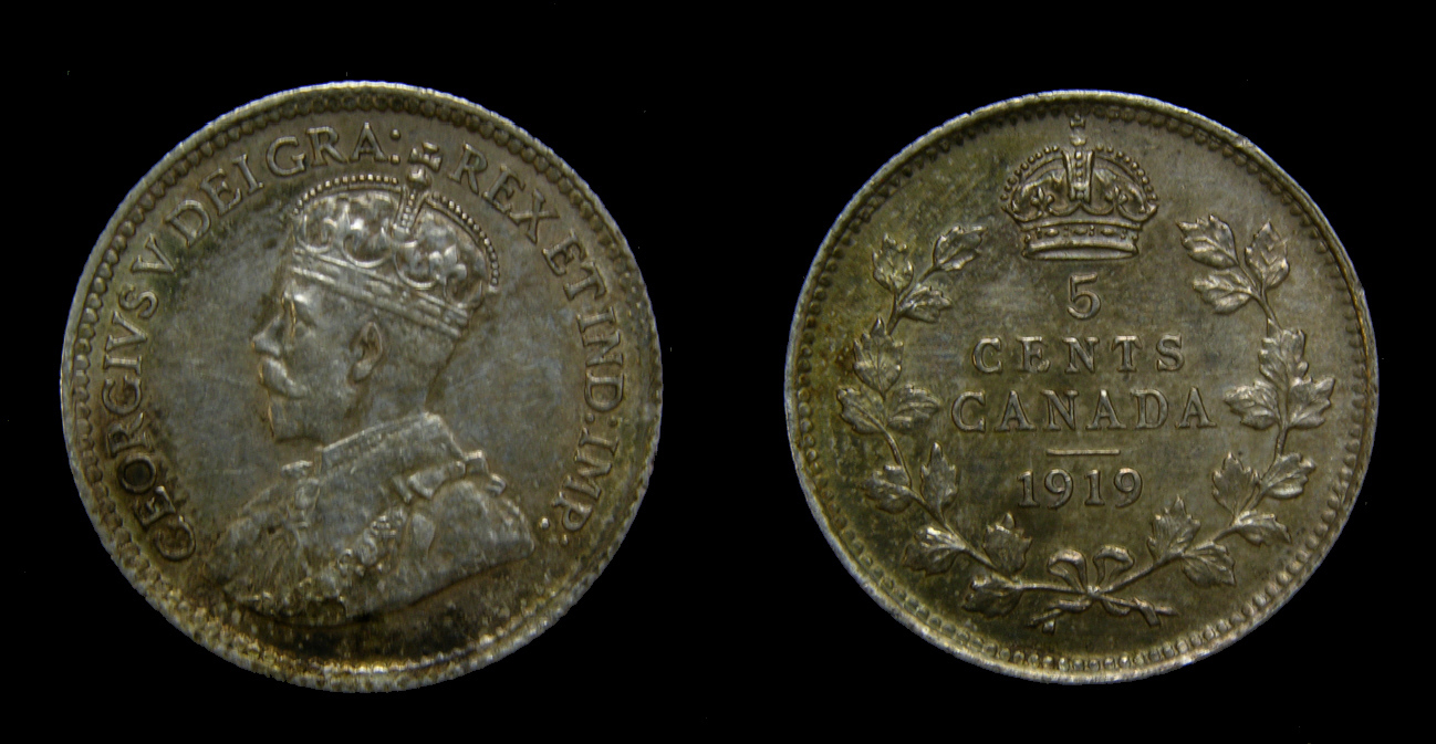 Canada 1919 Silver 5 Five Cents King George V Toned EF-45