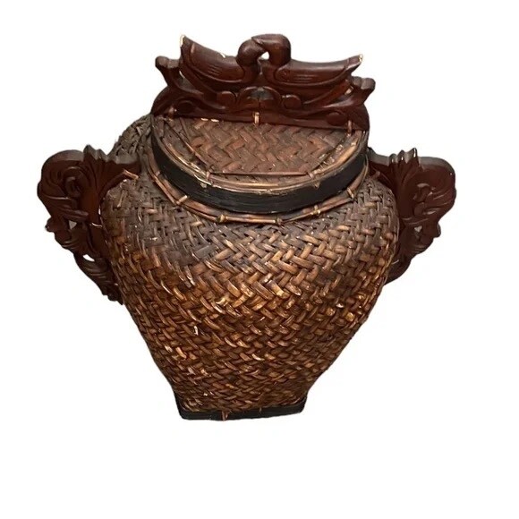 Vintage Old Rattan Betel Nut Gathering Basket, with wooden Handles