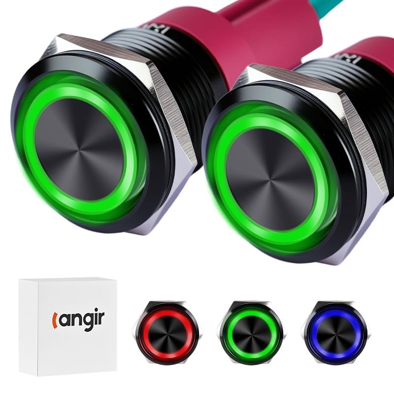 Langir 15Amp Momentary Push Botton Switch 2PCS,16mm(0.63”)12V-24V Black Shell...