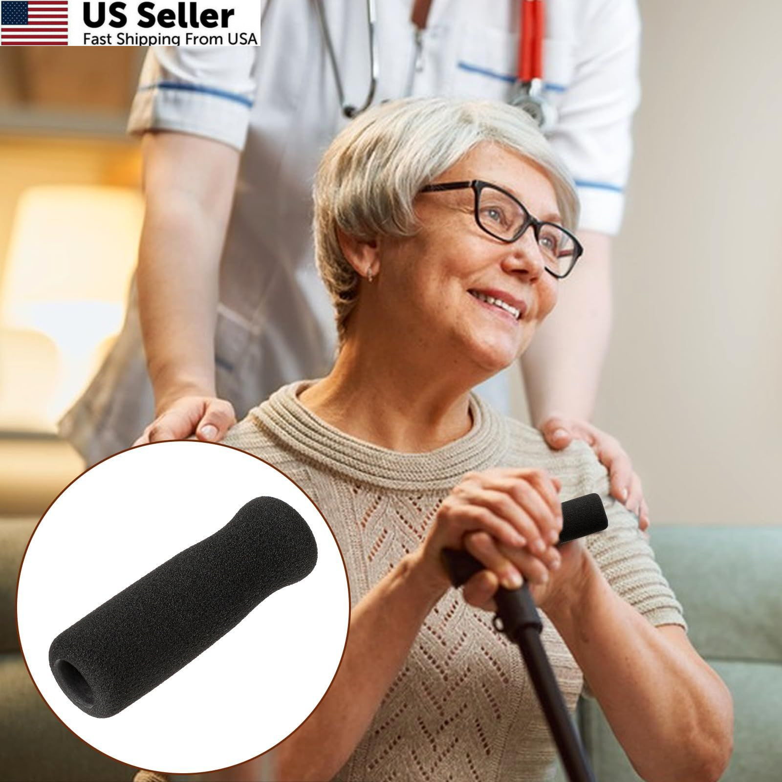 KALIONE 4 Pack Cane Grips Black Foam Offset Handle Replacement Seniors