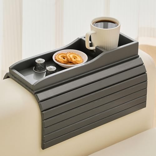 Bamboo Couch Cup Holder Arm Tray Table，Couch Drink Holder，Sofa Cup Holder Gray