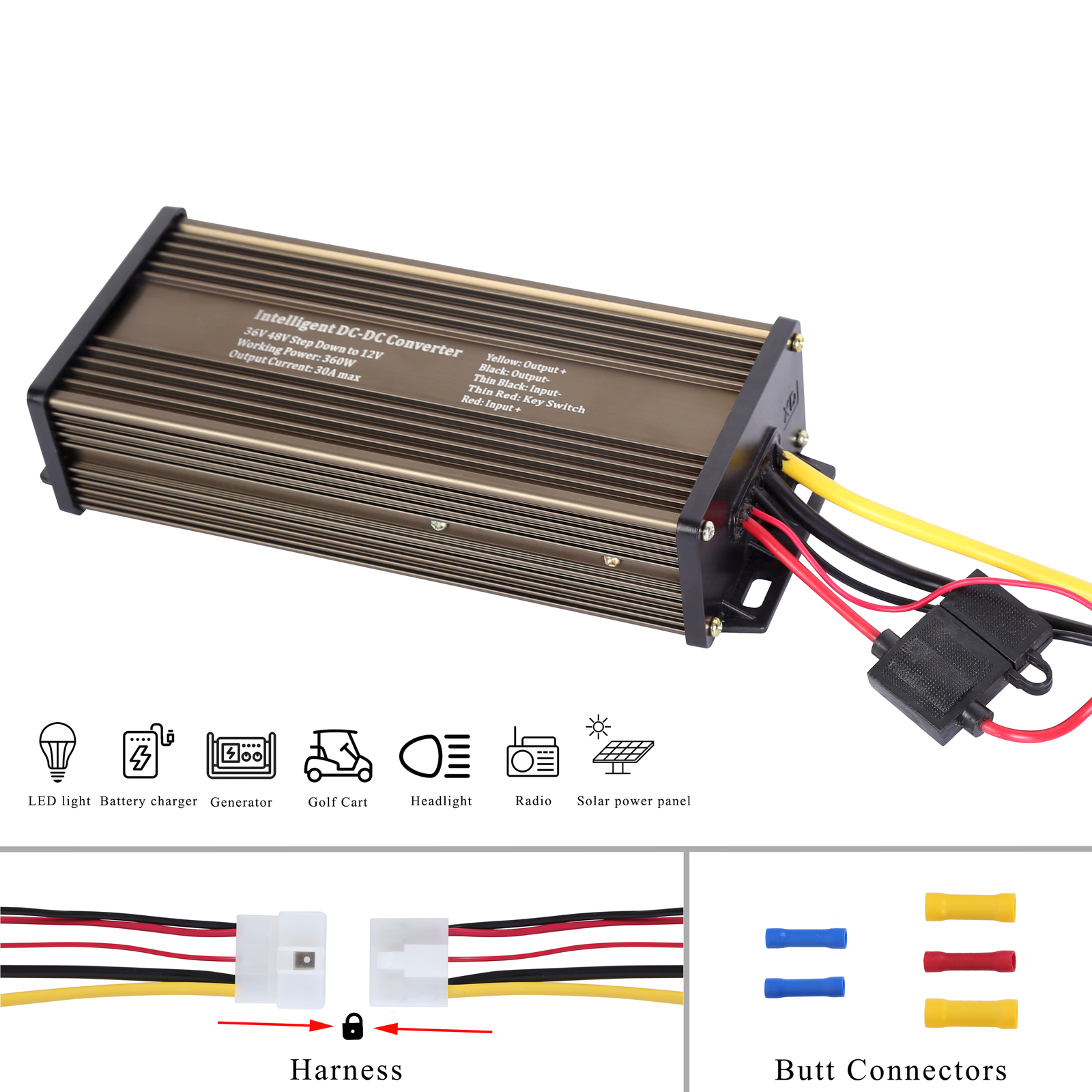 Golf Cart Radio Headlight Taillight Power Reducer From 36V to 12V at 30 Amp