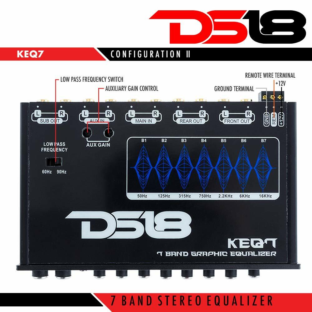 DS18 KEQ7 7 Band 6 Channel Equalizer Crossover 7 Volt RCA Output Front Aux Input