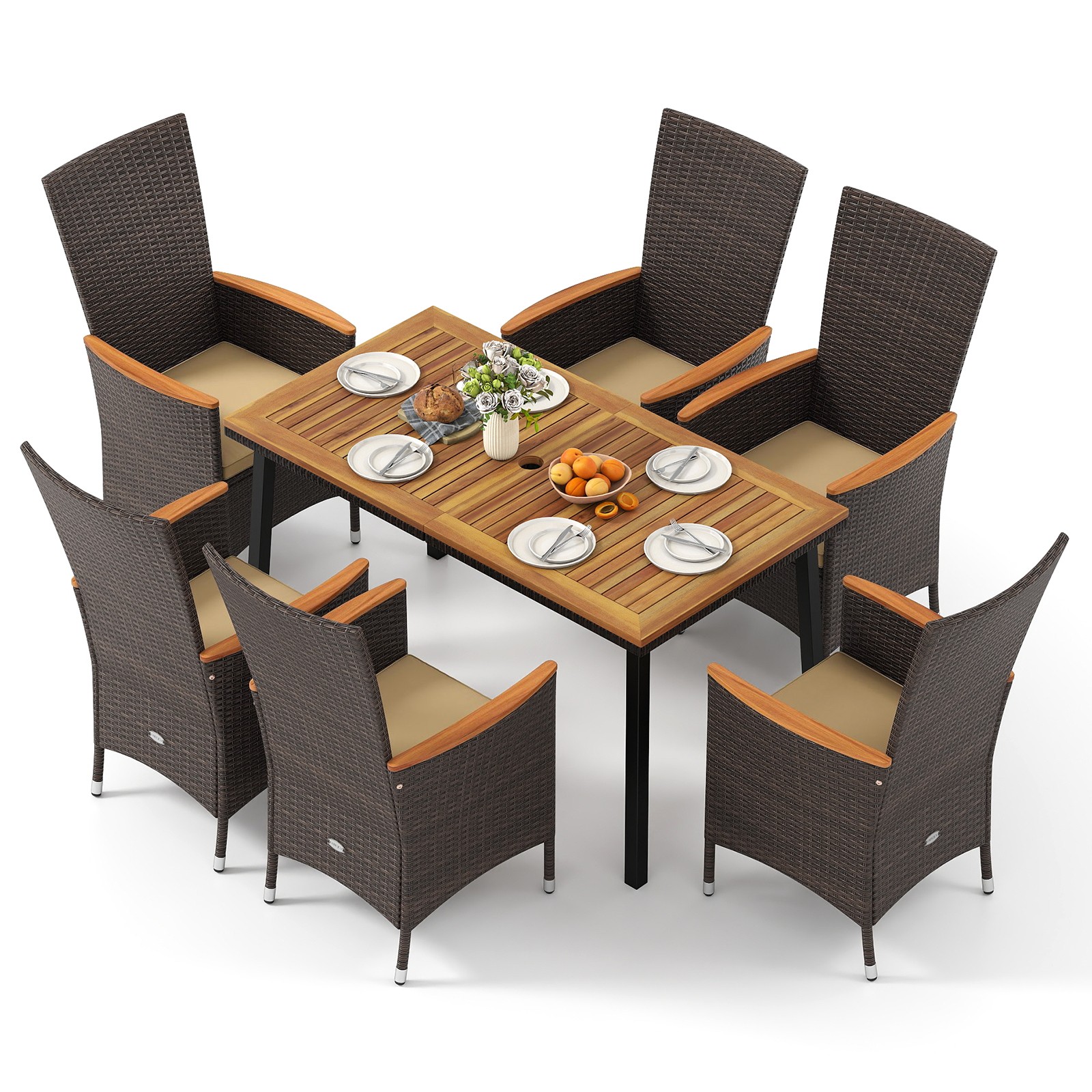 7PCS Patio Wicker Armchairs Acacia Wood Table w/Umbrella Hole  Cushions Outdoor