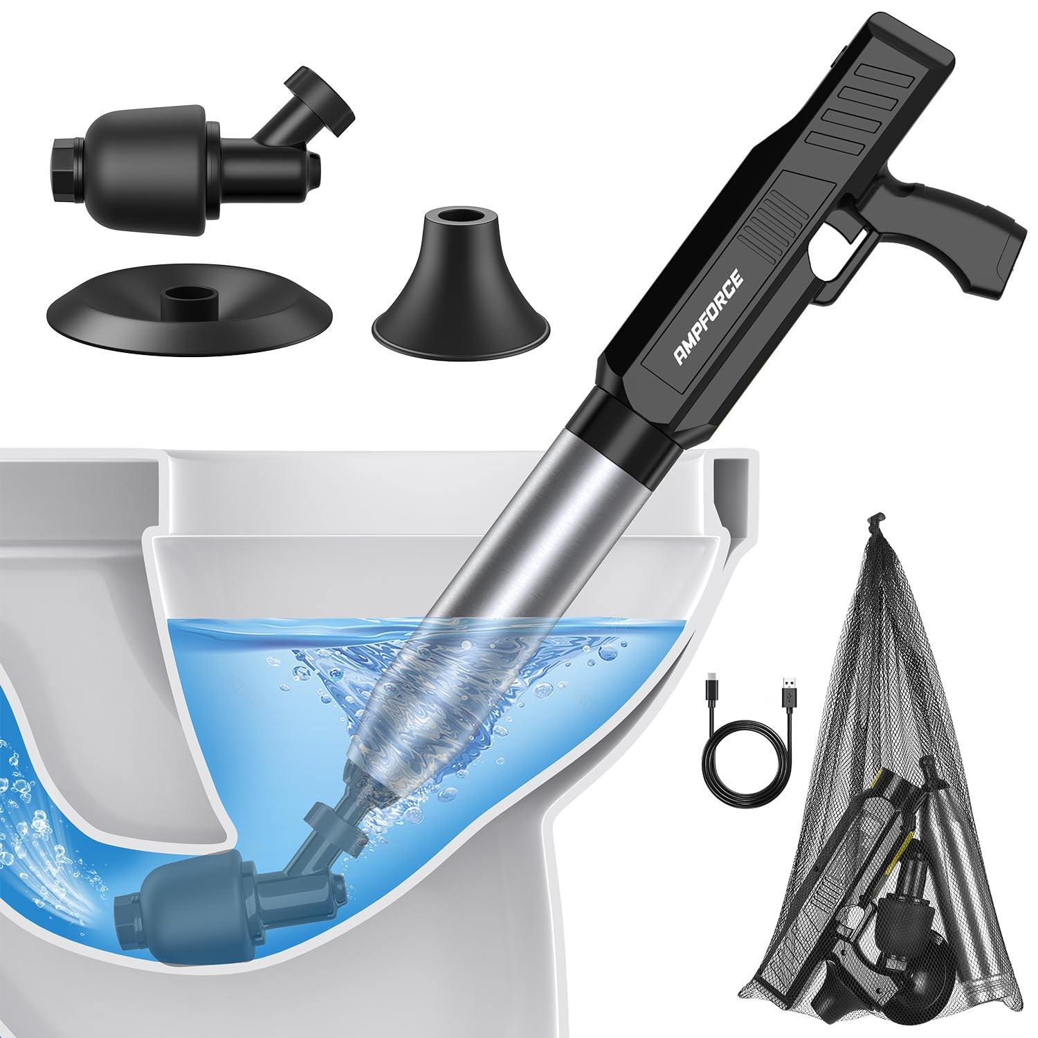 AMPFORCE ‌Electric Toilet Plunger for Bathroom, High-Pressure Air Ink Black