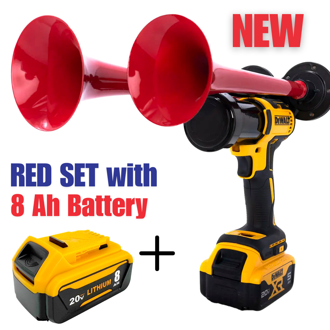 DeWalt 20V Impact Train Air Horn Dual Red Metal Air Trumpets + Battery