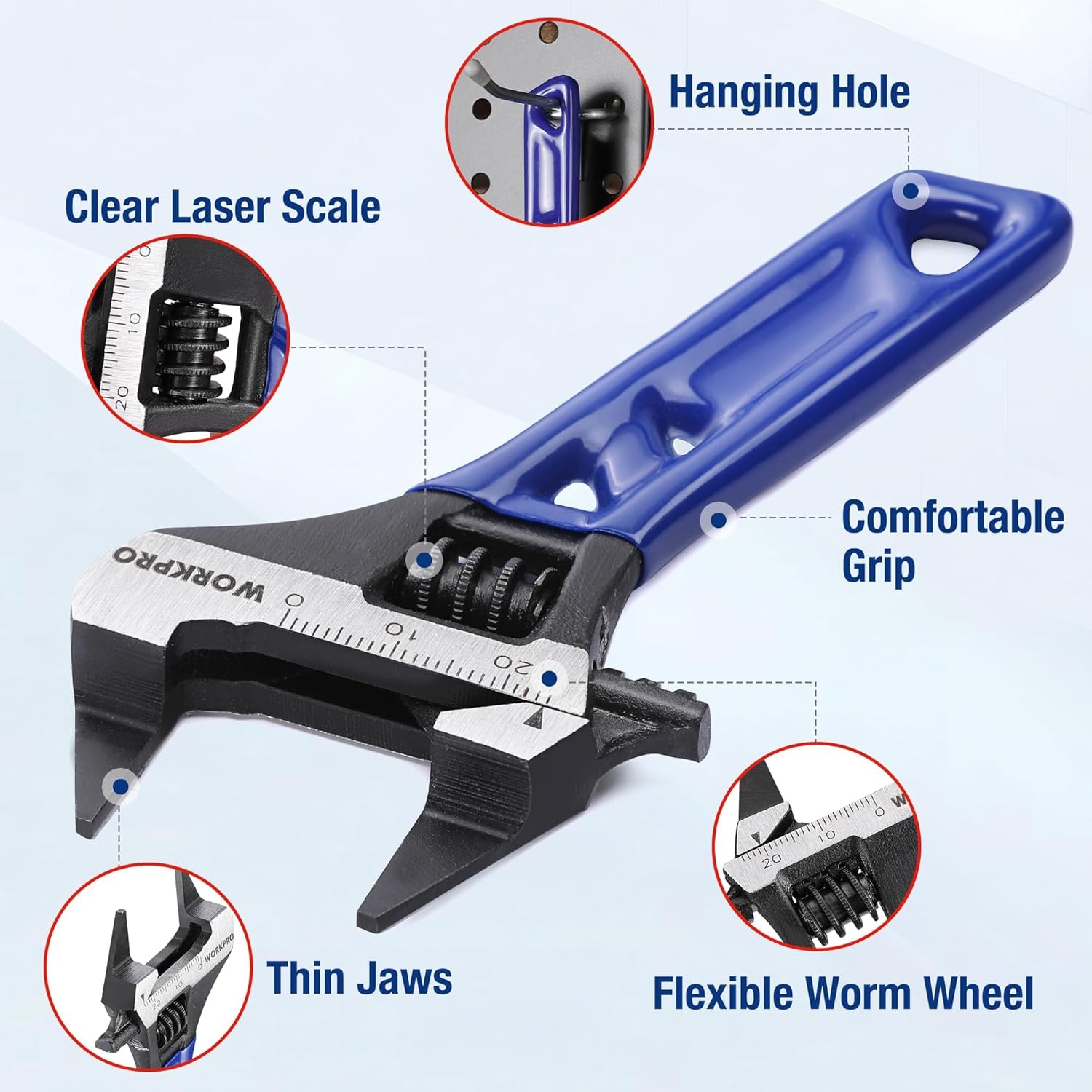 Metric SAE Adjustable Wrench WORKPRO 4 Inch Thin Jaws Stubby