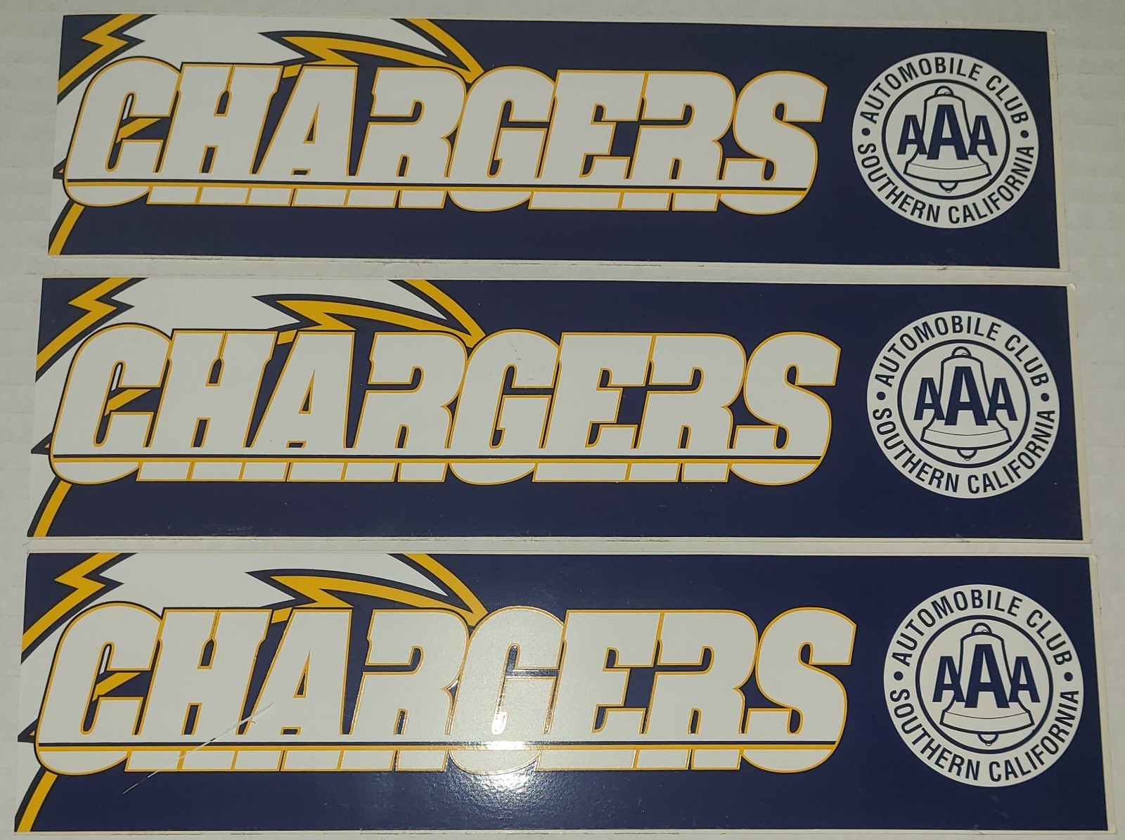 vintage lot of 3 San Diego Chargers bumper stickers, 1998, NFL football 3" x 12"