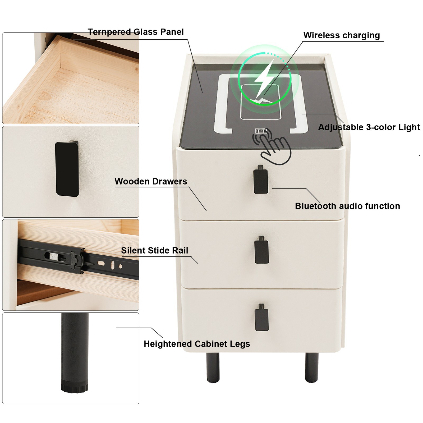 3 Drawers Smart Bedside Table Small Nightstand Bedside Table w/Light & Wireless
