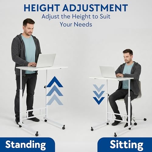 Mobile Standing Desk Adjustable Height for Laptop – Small Rolling Desk & White
