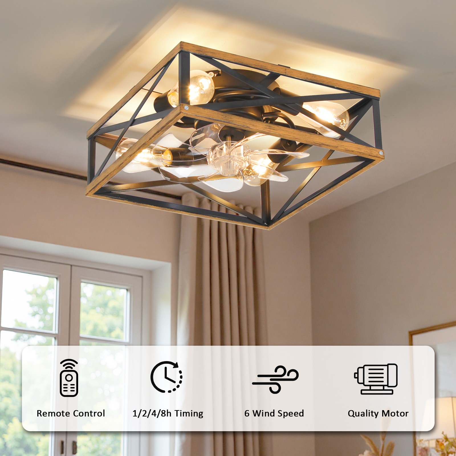 16"Caged Low Profile Ceiling Fans with Remote,Rustic Square Flush Mount