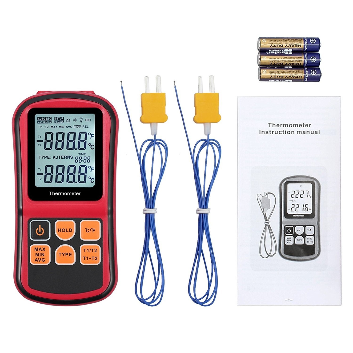 Digital Thermometer with Dual K Type Probes, High Temp Meter, LCD Display