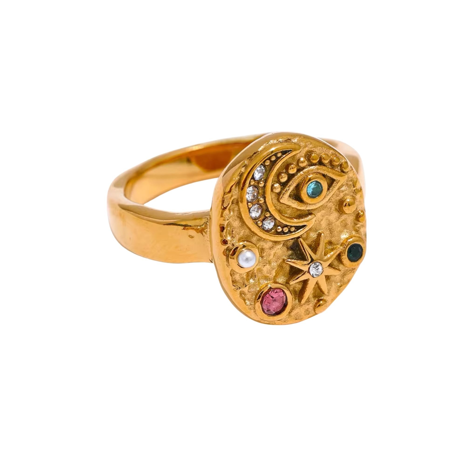 LUVA Moon Star Evil Eye Ring, 18K Gold Plated Stainless Steel Ring, Celestial...