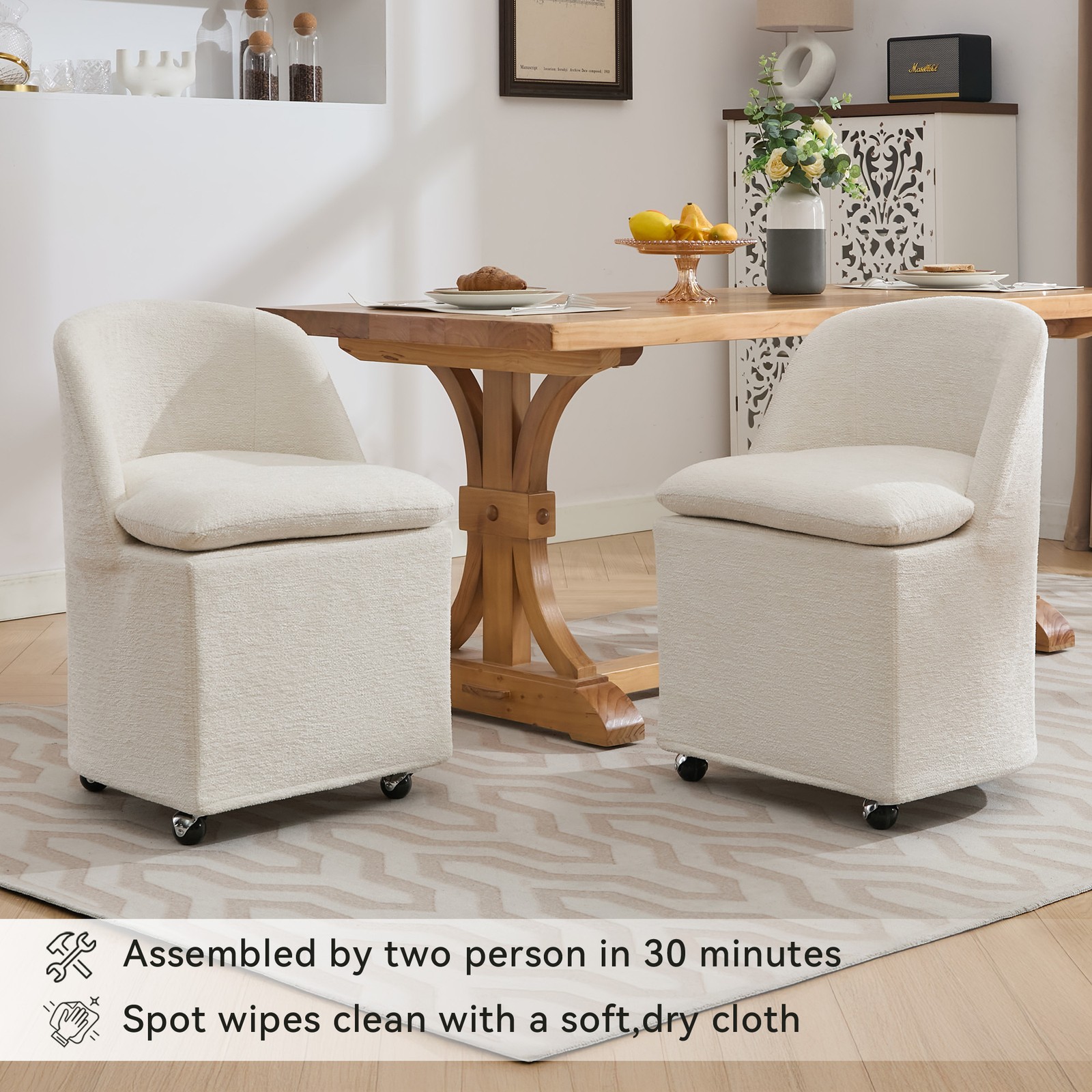 058-Set of 2 Chenille Fabric Dining Chairs With Universal Wheels,Beige