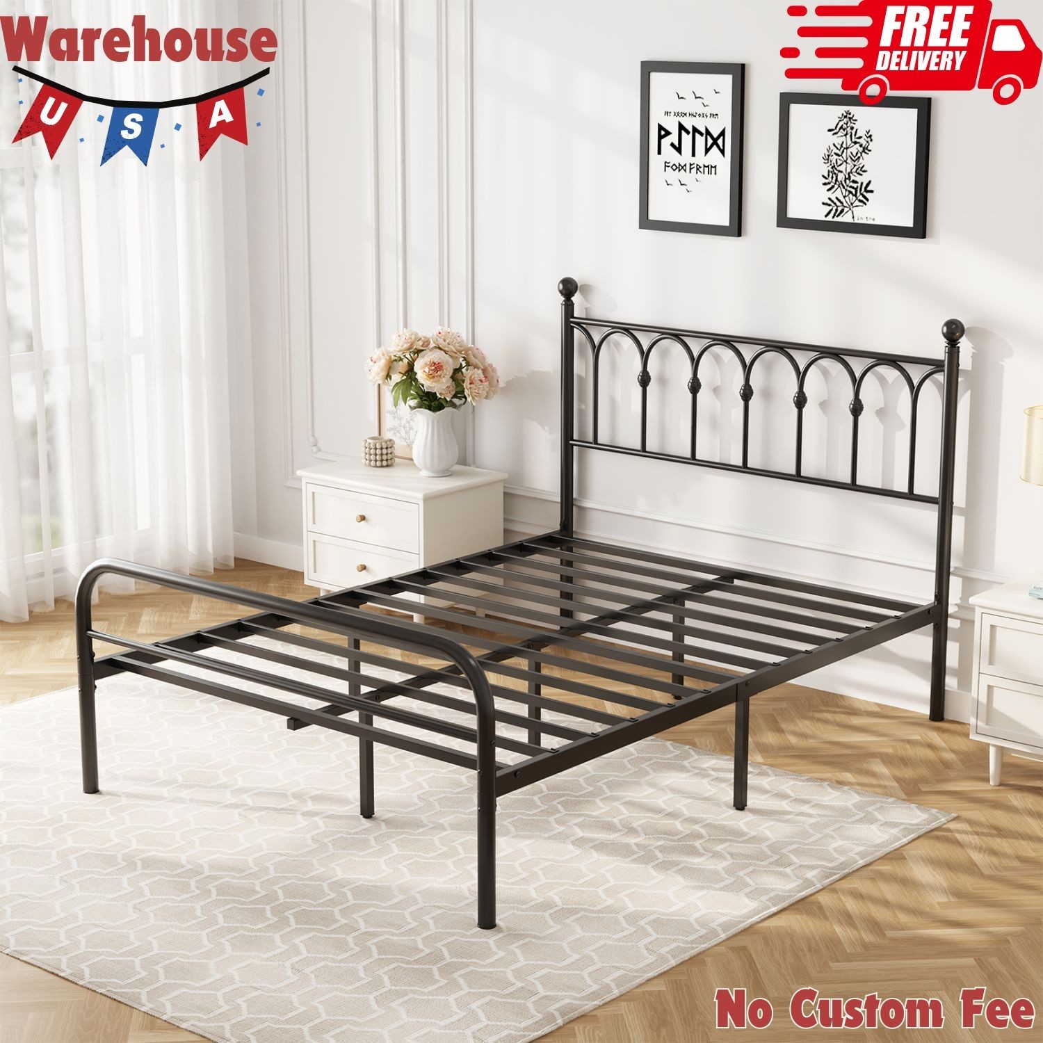 Metal Platform Bed Frame with Steel Slat Support, Underbed Storage, Full size