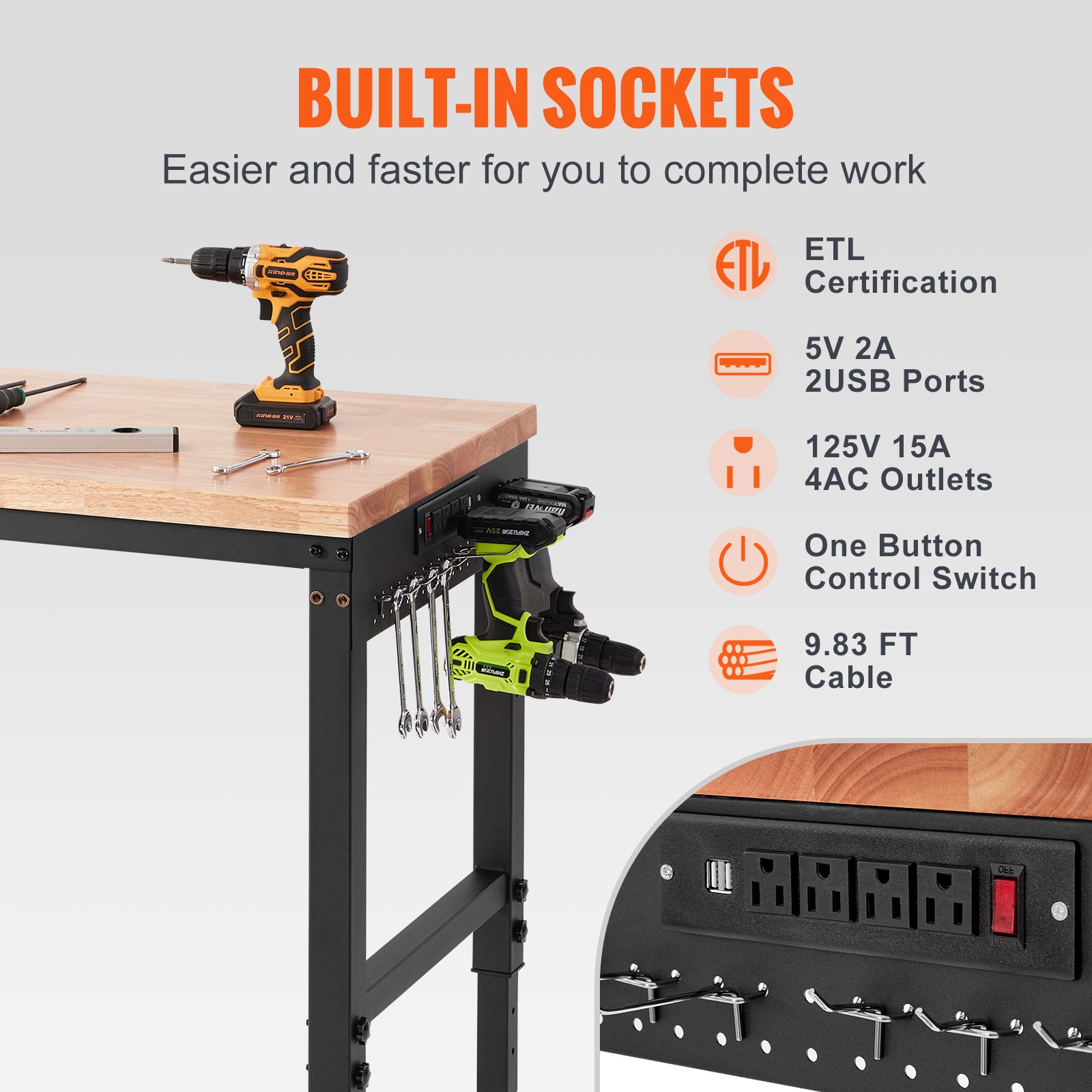 Uimoso Adjustable Height Workbench 72"L x 25"W Work Bench Table w/ Power Outlets