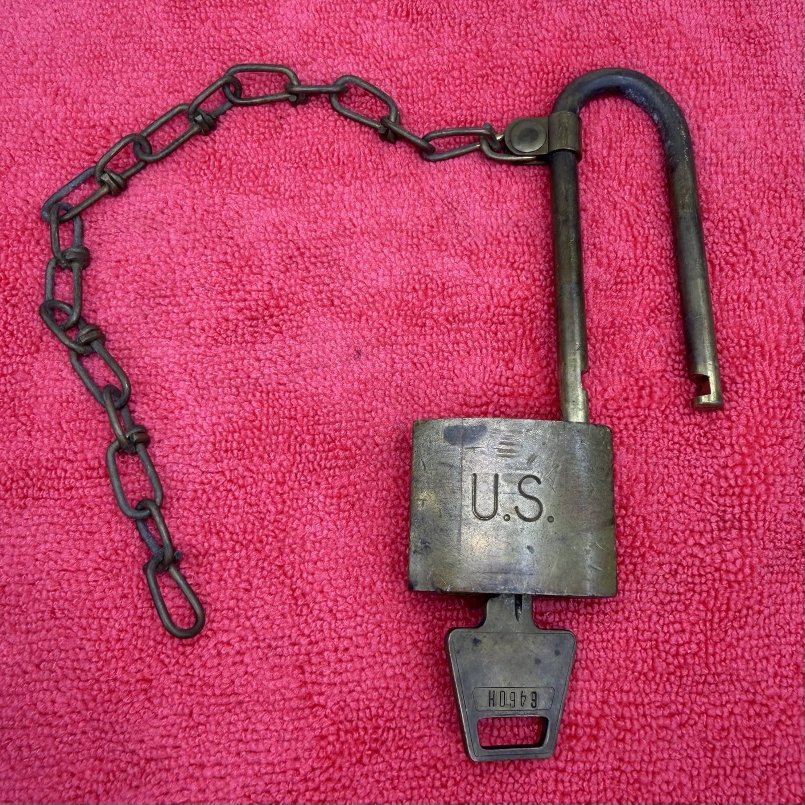 Vintage U.S. Military Brass Padlock , Chain & Key American Lock Co. USA 6460H