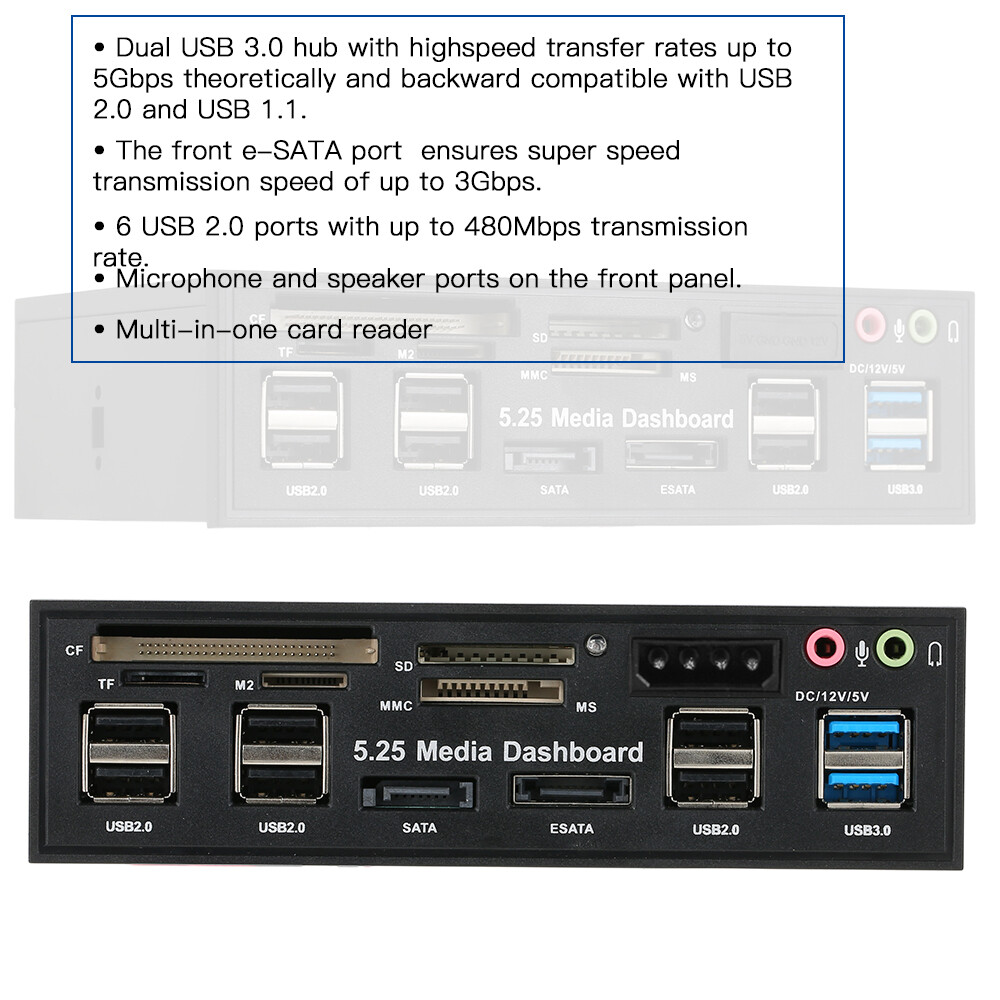 5.25 inch Multi-Function USB 3.0 Hub Front Panel Media Dashboard eSATA O4J1