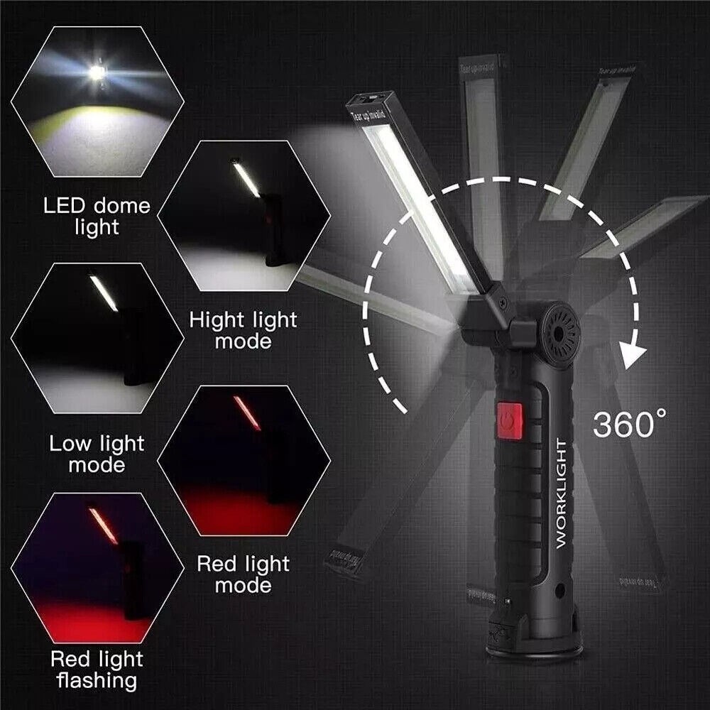 2 x LED COB Work Light USB Rechargeable Flashlight Magnetic Base Red White Light