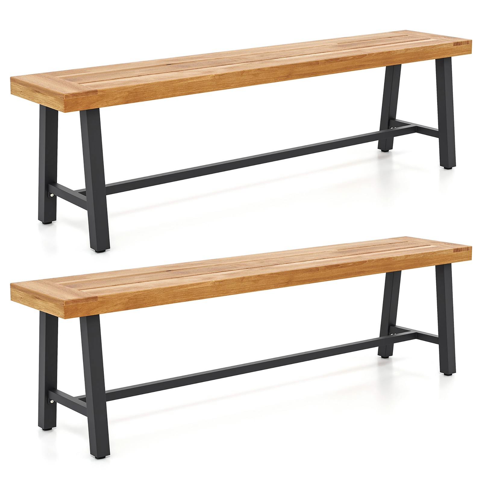 2PCS 63'' Long Outdoor Acacia Wood Bench Seats up to 3 Persons for Garden Porch