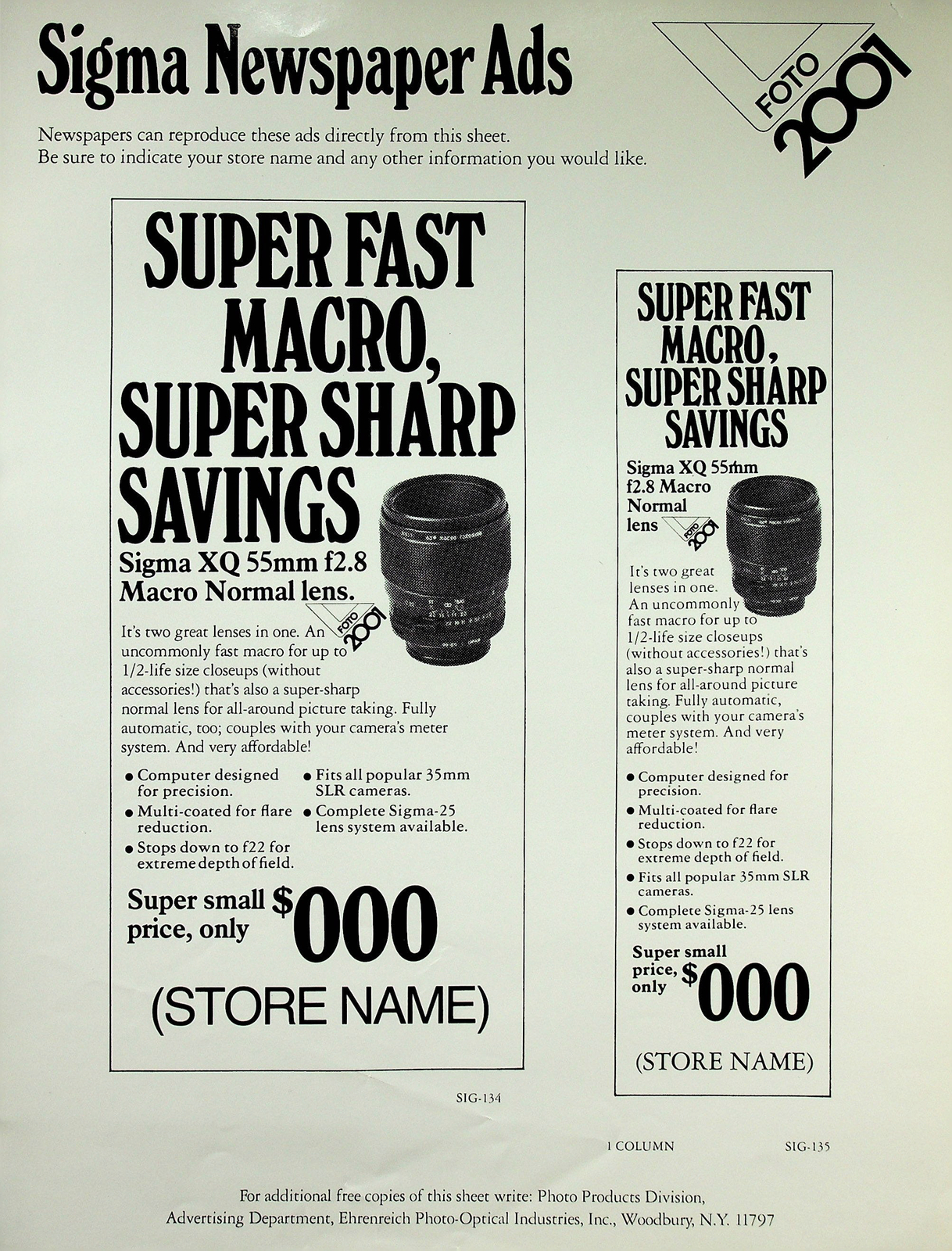 Foto 2001 Sigma Lenses XQ 55mm f2.8 Macro Single Page Original Promotional Ad