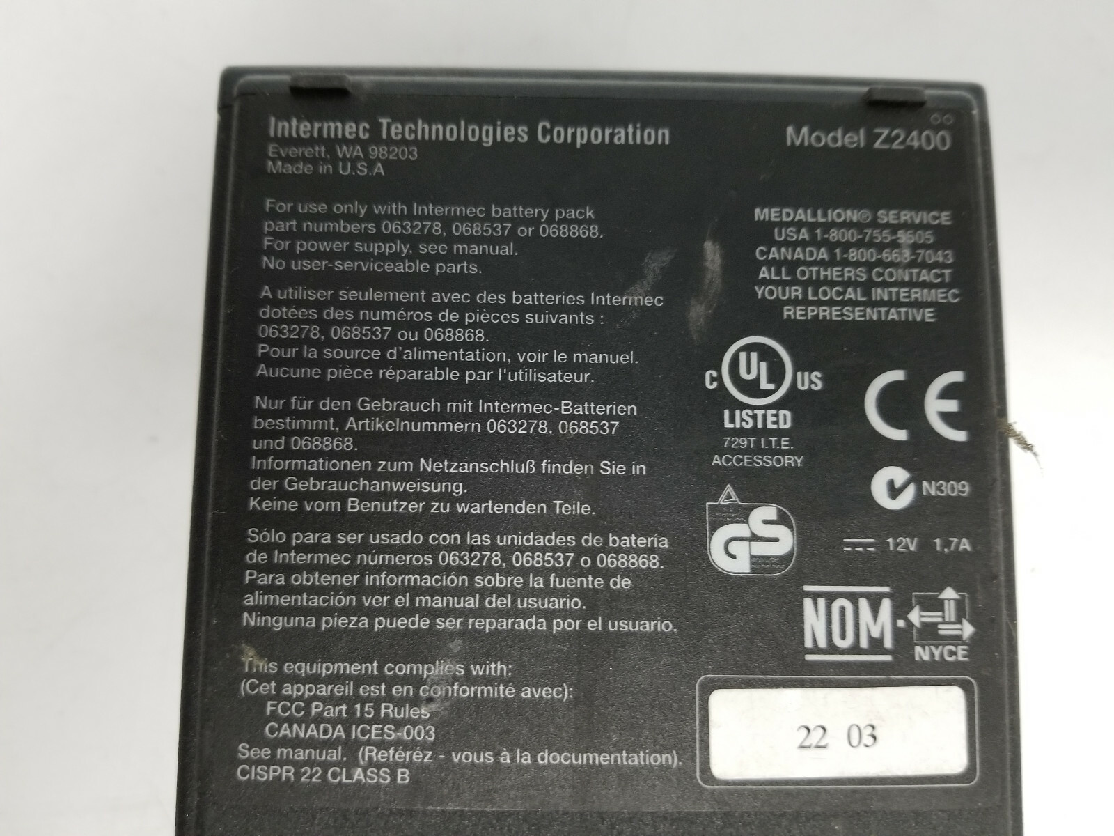 Intermec Z2400 Battery Charging Station with One Battery