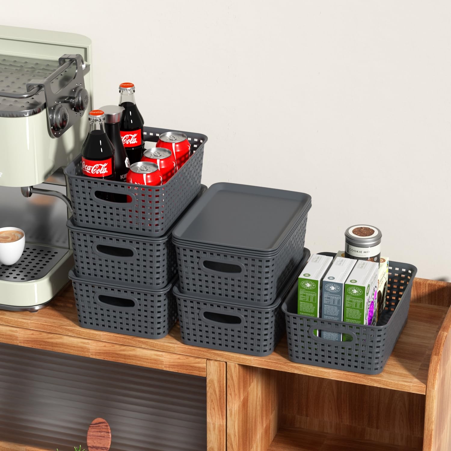 6 PCS Gray Weave Lidded Storage Baskets Matching DustProof Lids Stackable Bin