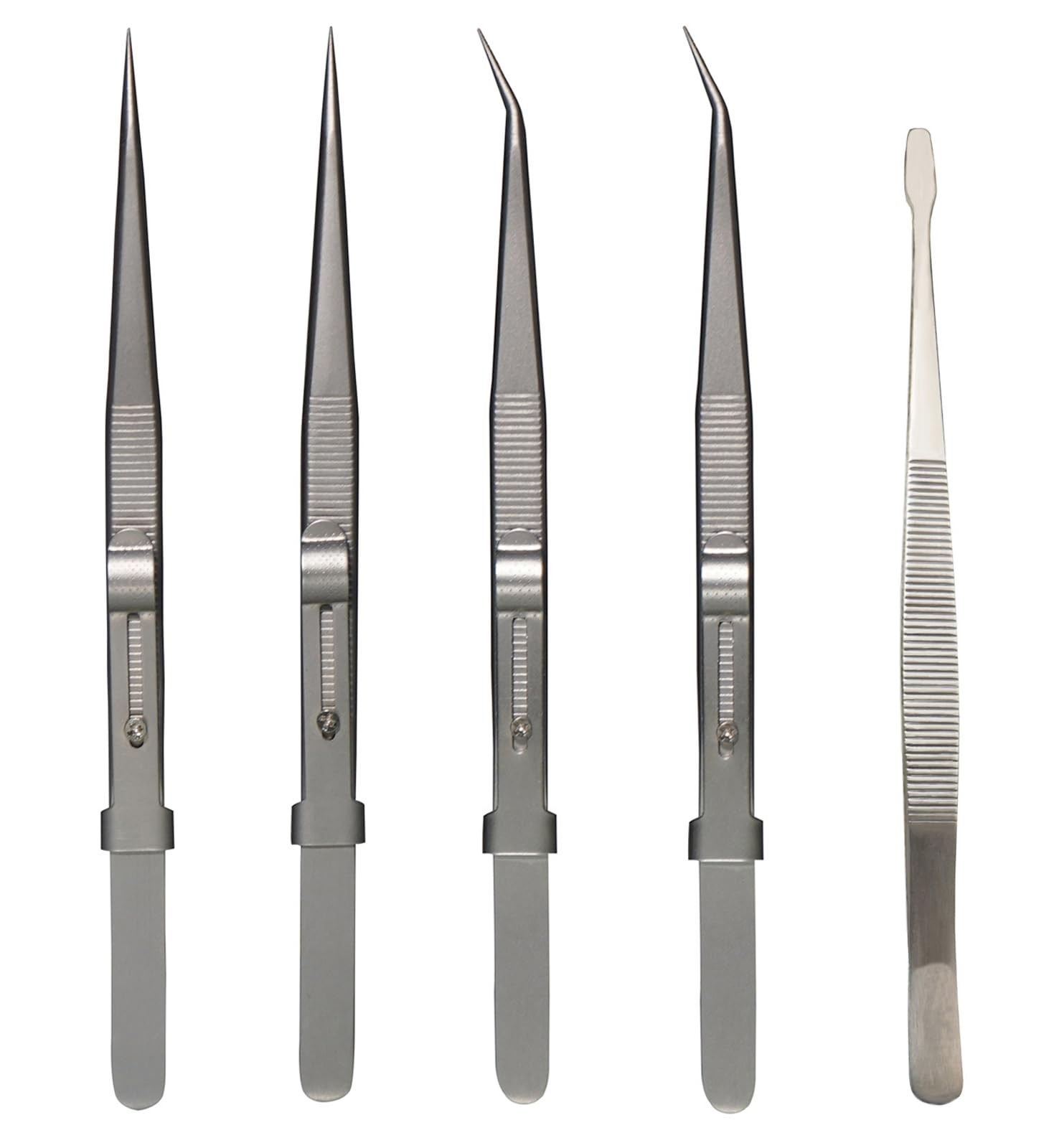 Grteark 5Pcs Precision Tweezers Set, Flat/Pointed/Curved Angled Locking Long ...