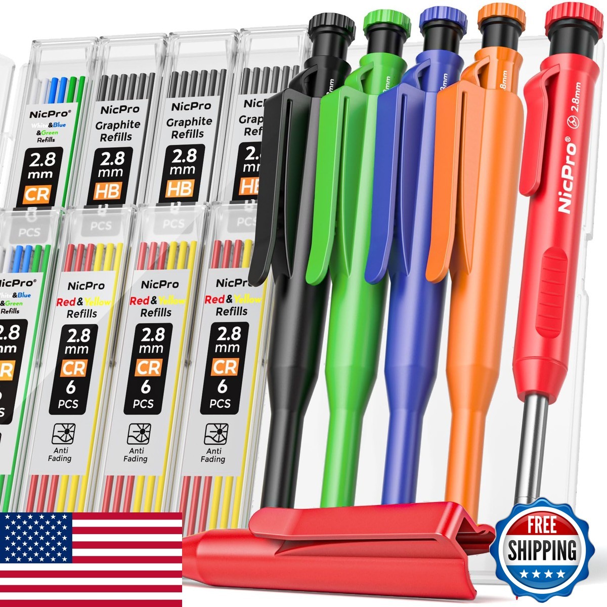 Nicpro MG620 5 Pack Carpenter Pencil with Sharpener & Holster