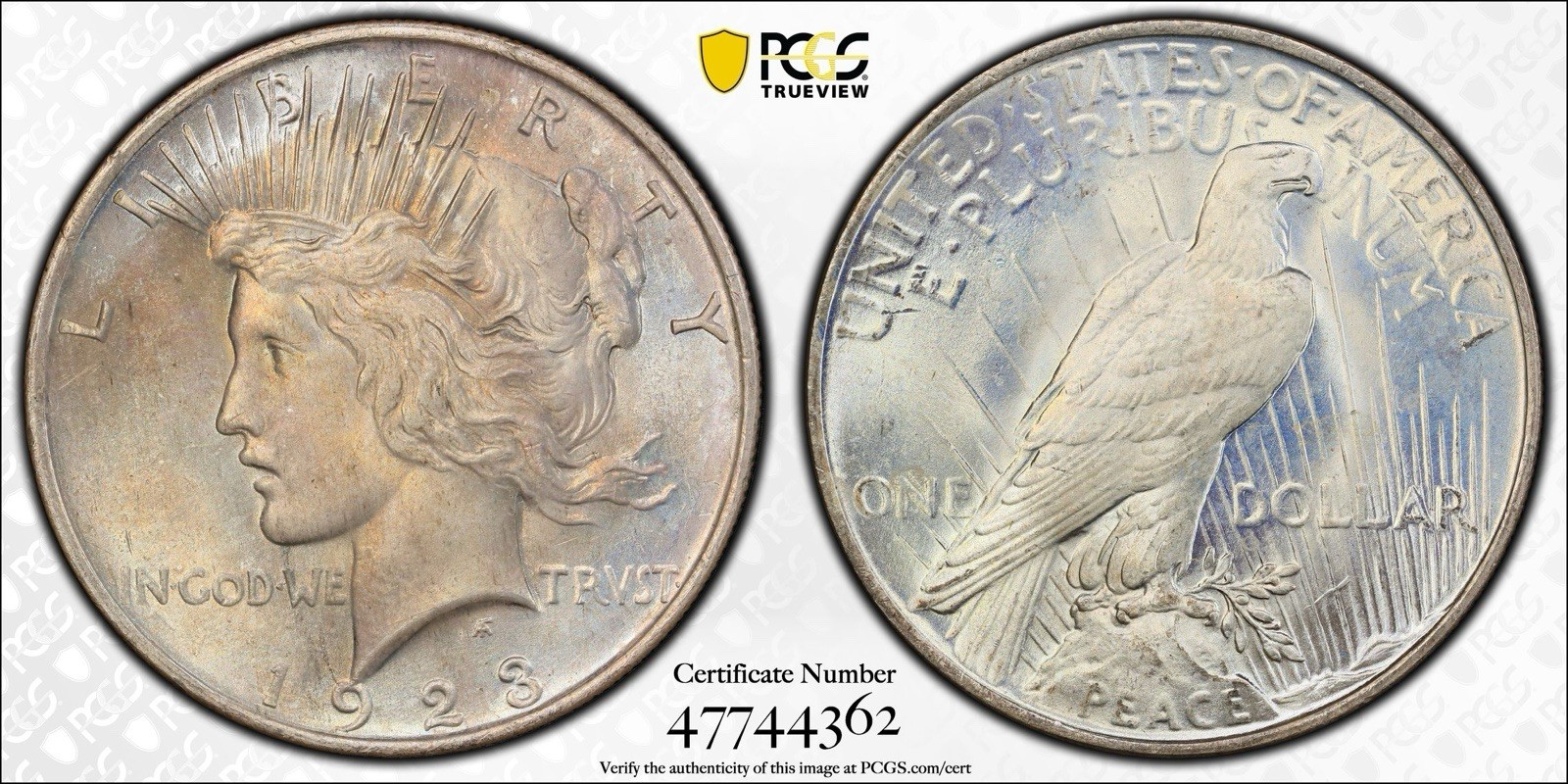 1923 Peace Silver Dollar PCGS MS65 Gold Shield  Toned