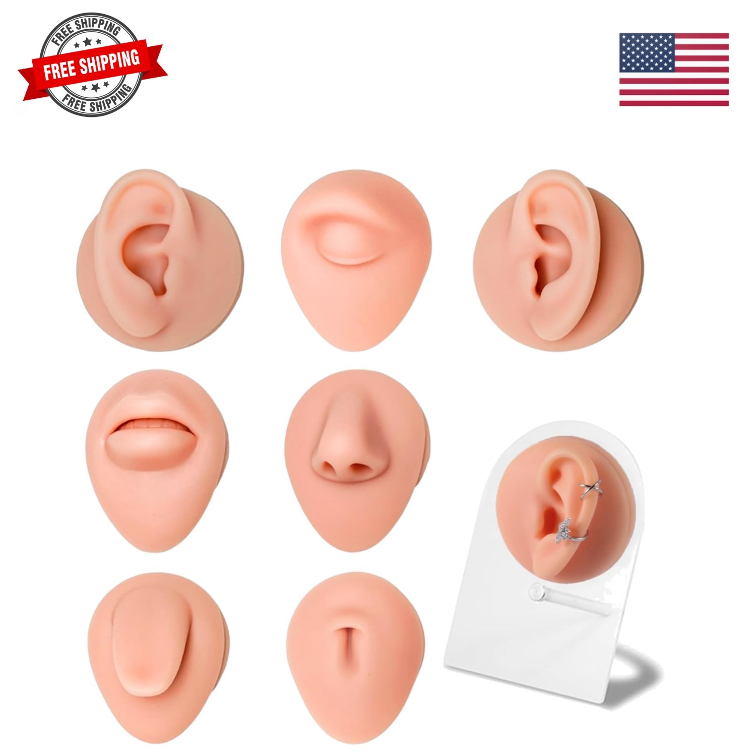 7Pcs Soft Silicone Piercing Body Parts with Display Stand - Realistic Ear, No...