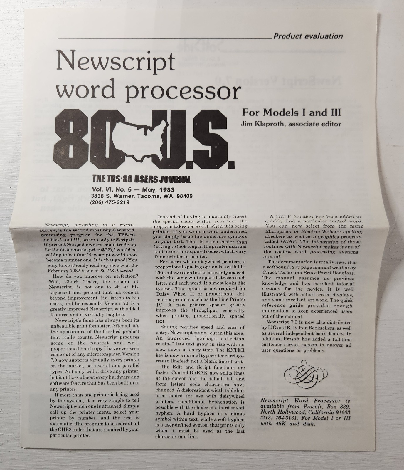 Tandy TRS-80 Pro Soft PROSOFT Newscript Software Manual - Catalog - Ephemera